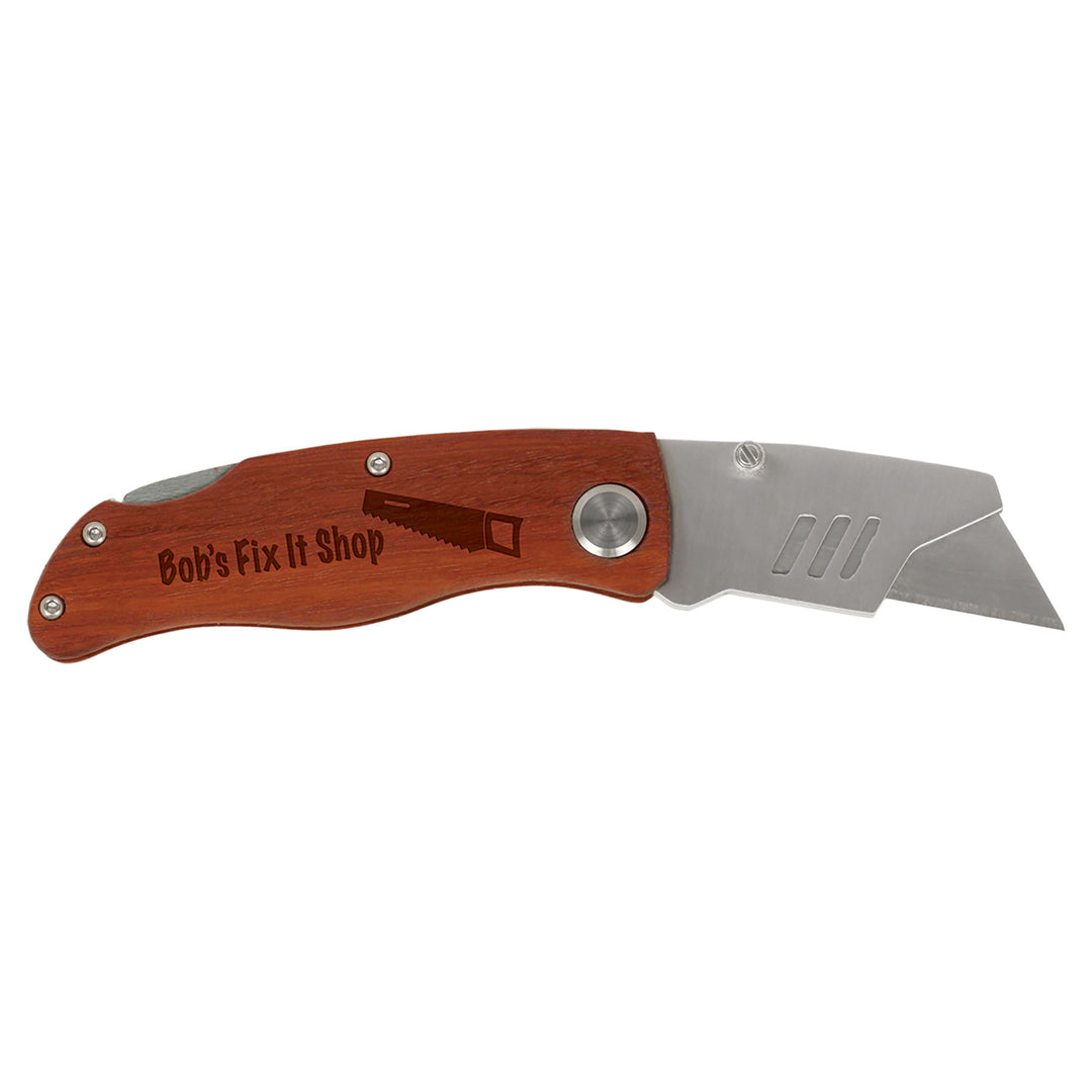 Folding Utility Knife – Custom Engraved Wood Handle