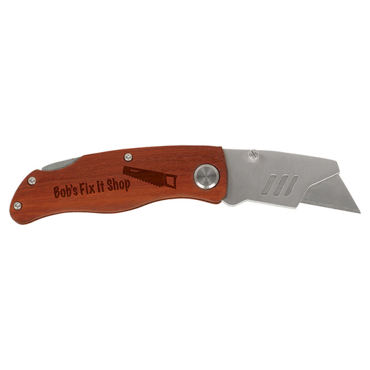 Folding Utility Knife – Custom Engraved Wood Handle