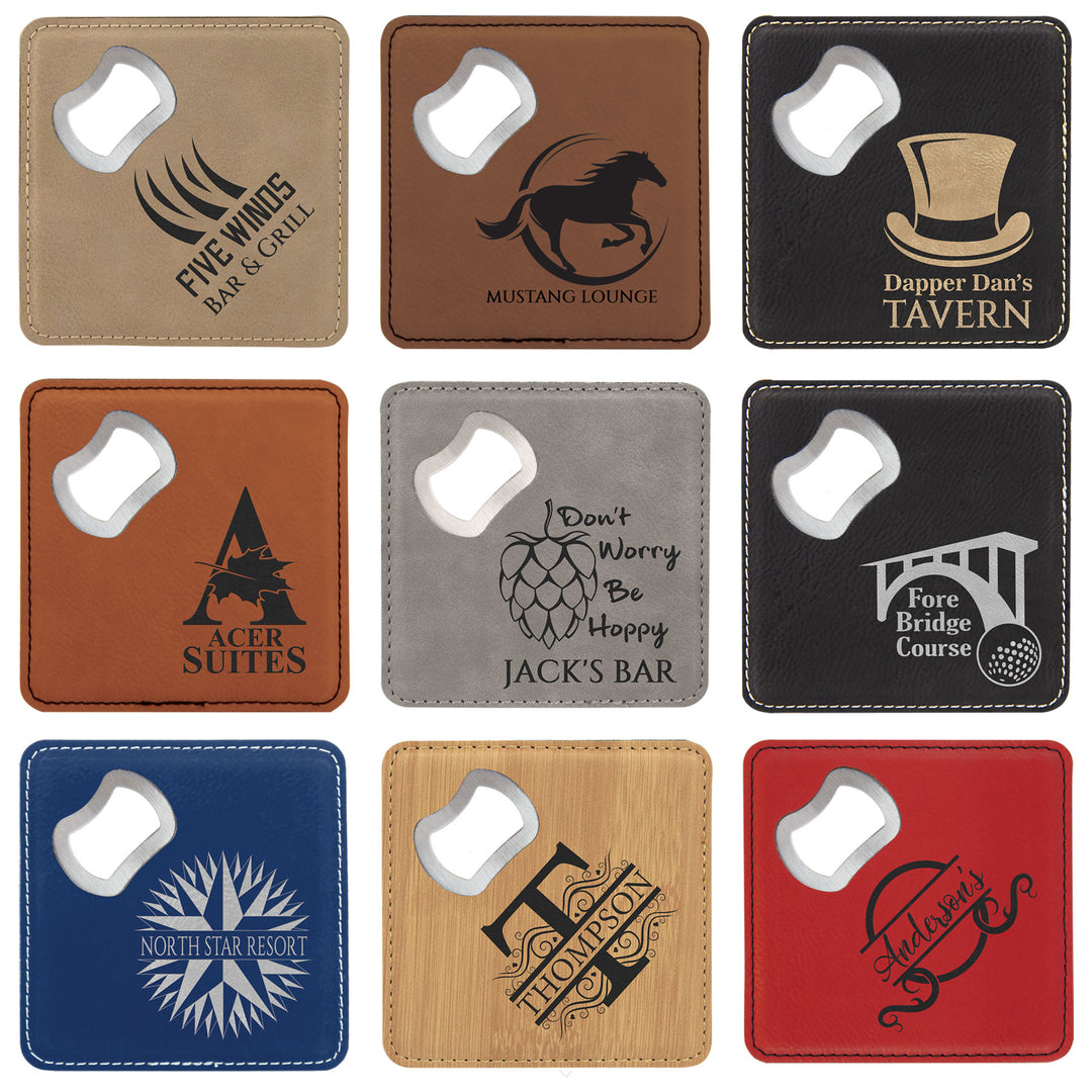 4" x 4" Square Leatherette Bottle Opener Coaster